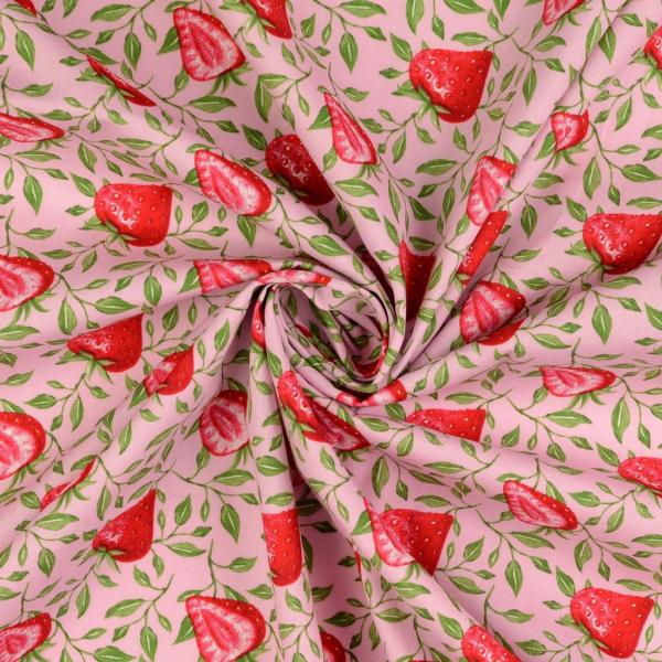 Baumwolle bedruckt Erdbeeren auf Rosa